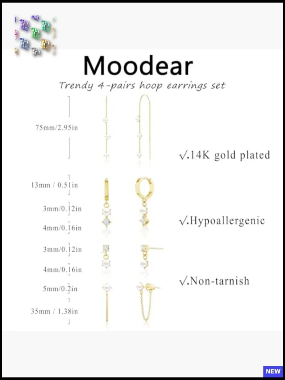 14K Gold Plated Pearl Drop Dangle Huggie Hoop Earrings Set for Multiple